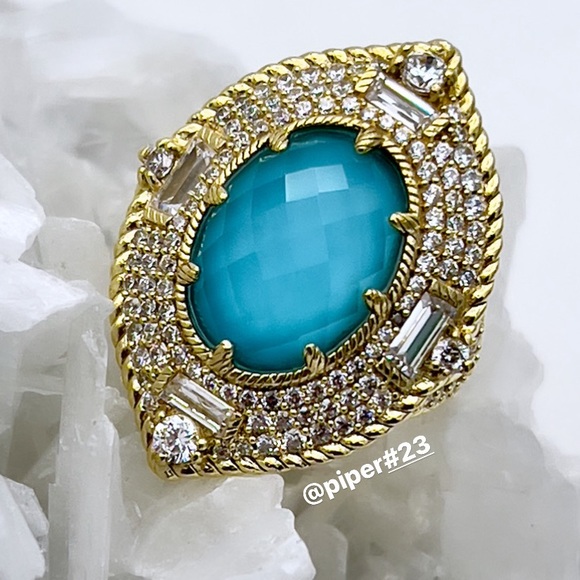 EUC Judith Ripka 14K Gold Clad Turquoise Doublet and Diamonique Cocktail Ring - Picture 2 of 14